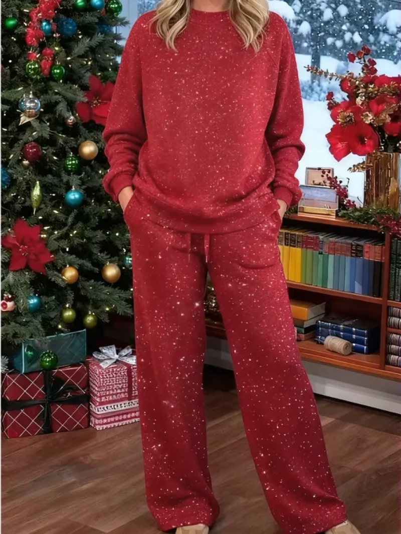 Ensemble décontracté à pois Lana de Danoir Paris, veste rouge et pantalon assorti, style confortable et tendance.