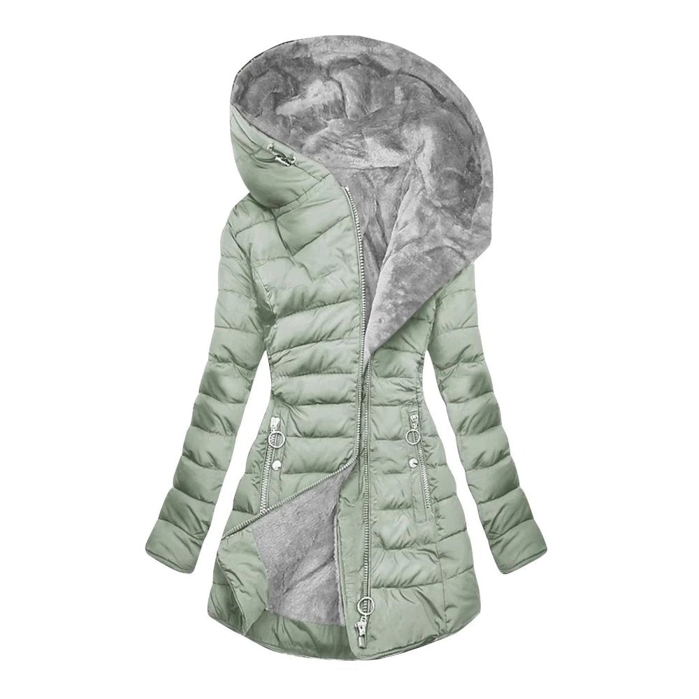Manteau d'hiver élégant Danoir Paris Elena en vert clair, coupe sophistiquée, tissu chaud et confortable, style moderne.