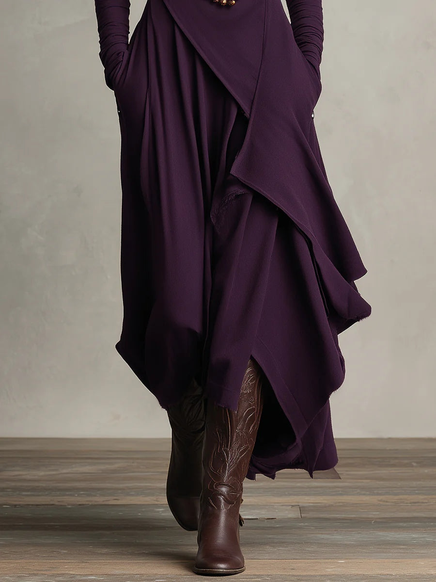 Robe en laine violette Tanya de Danoir Paris, élégante, ajustée, taille XS, vue de face avec détails du tissu.