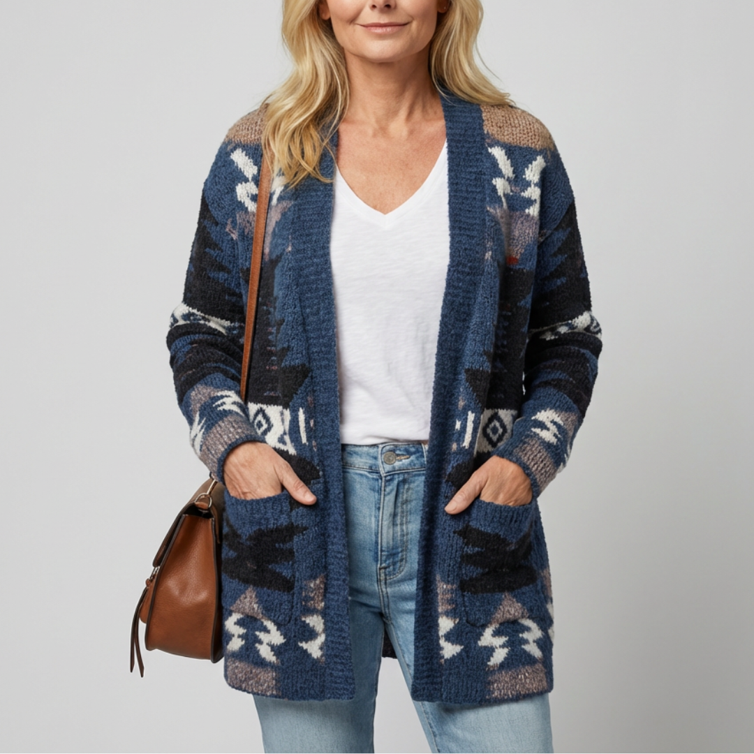 Cardigan azteque bleu marine Danoir Paris, modèle Campbell, élégant et chaud, en laine avec motifs graphiques.
