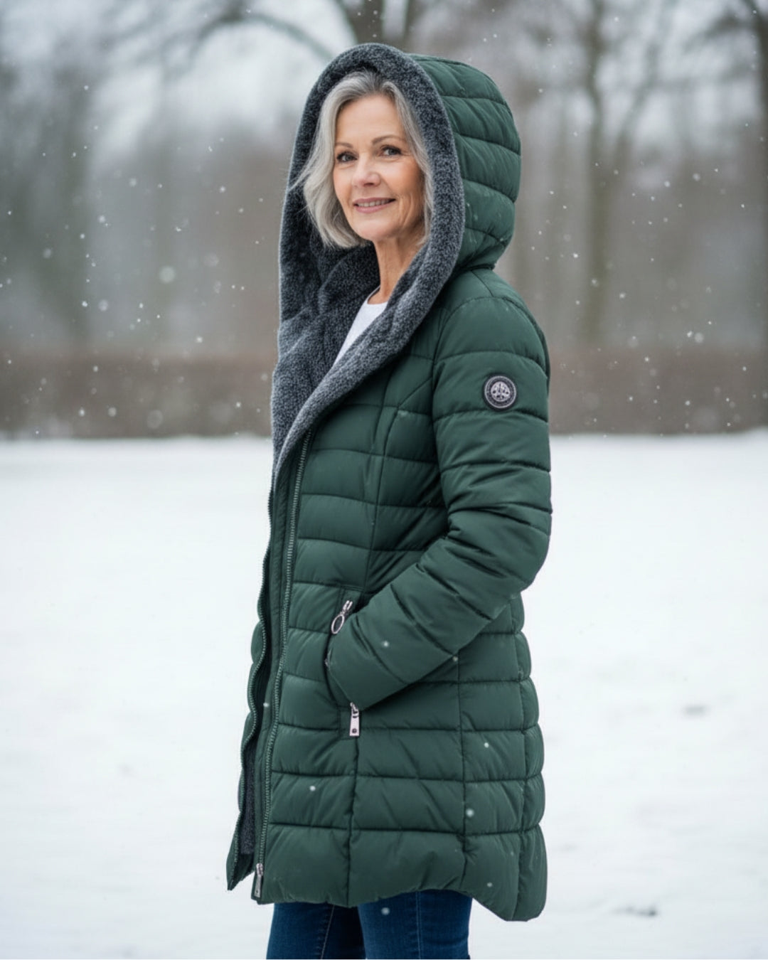 Manteau d'hiver élégant Danoir Paris Olivia en vert foncé, coupe sophistiquée et tissu chaud, pour femmes.
