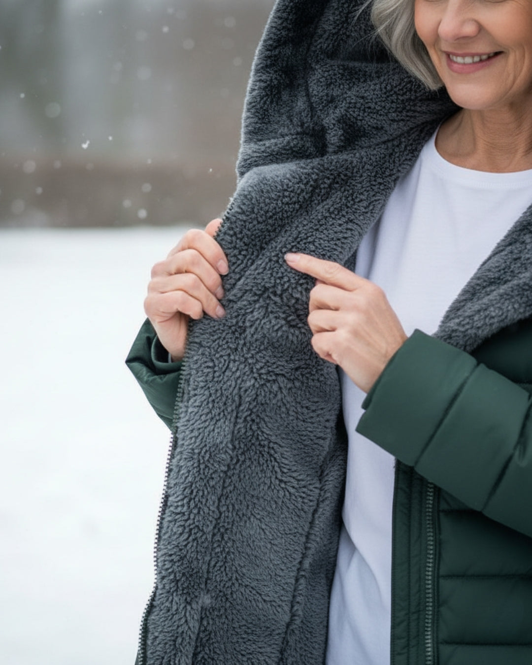 Manteau d'hiver élégant Olivia de Danoir Paris, en vert foncé, avec coupe sophistiquée et détails raffinés.