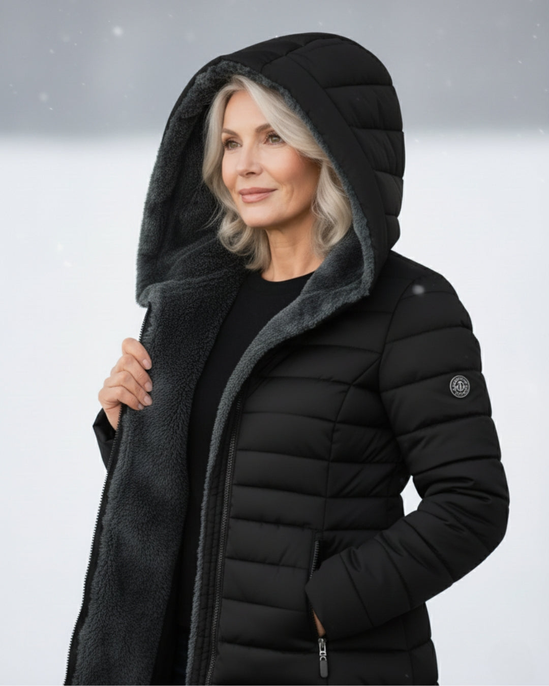 Manteau d'hiver élégant Olivia de Danoir Paris, en vert foncé, avec coupe sophistiquée et détails chic.