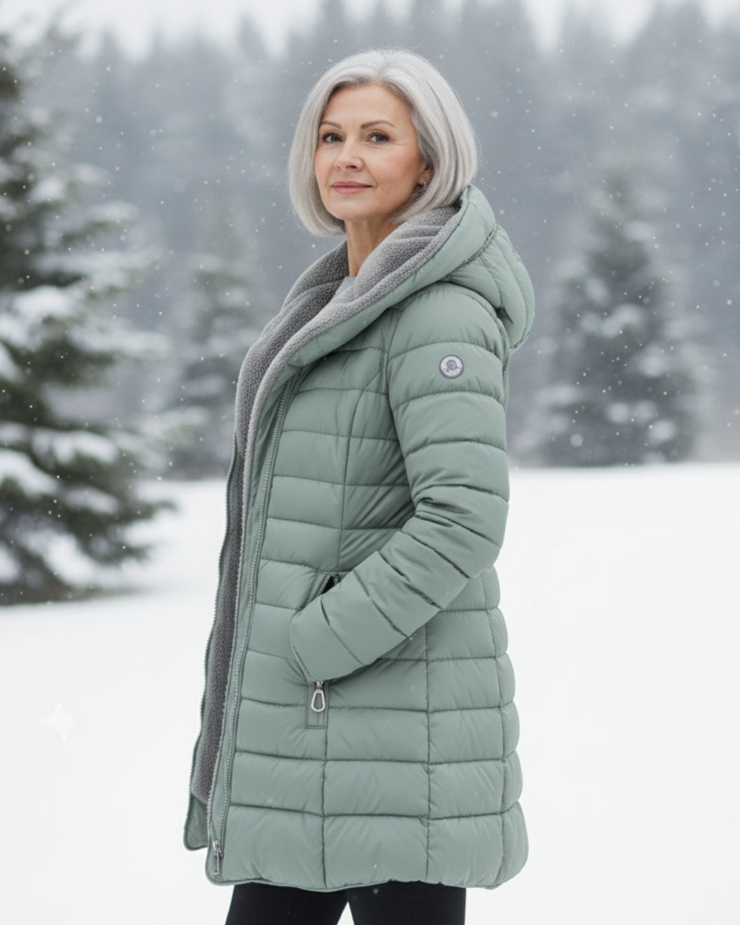 Manteau d'hiver élégant Olivia de Danoir Paris, en vert foncé, porté par un mannequin, détail de coupe sophistiquée.