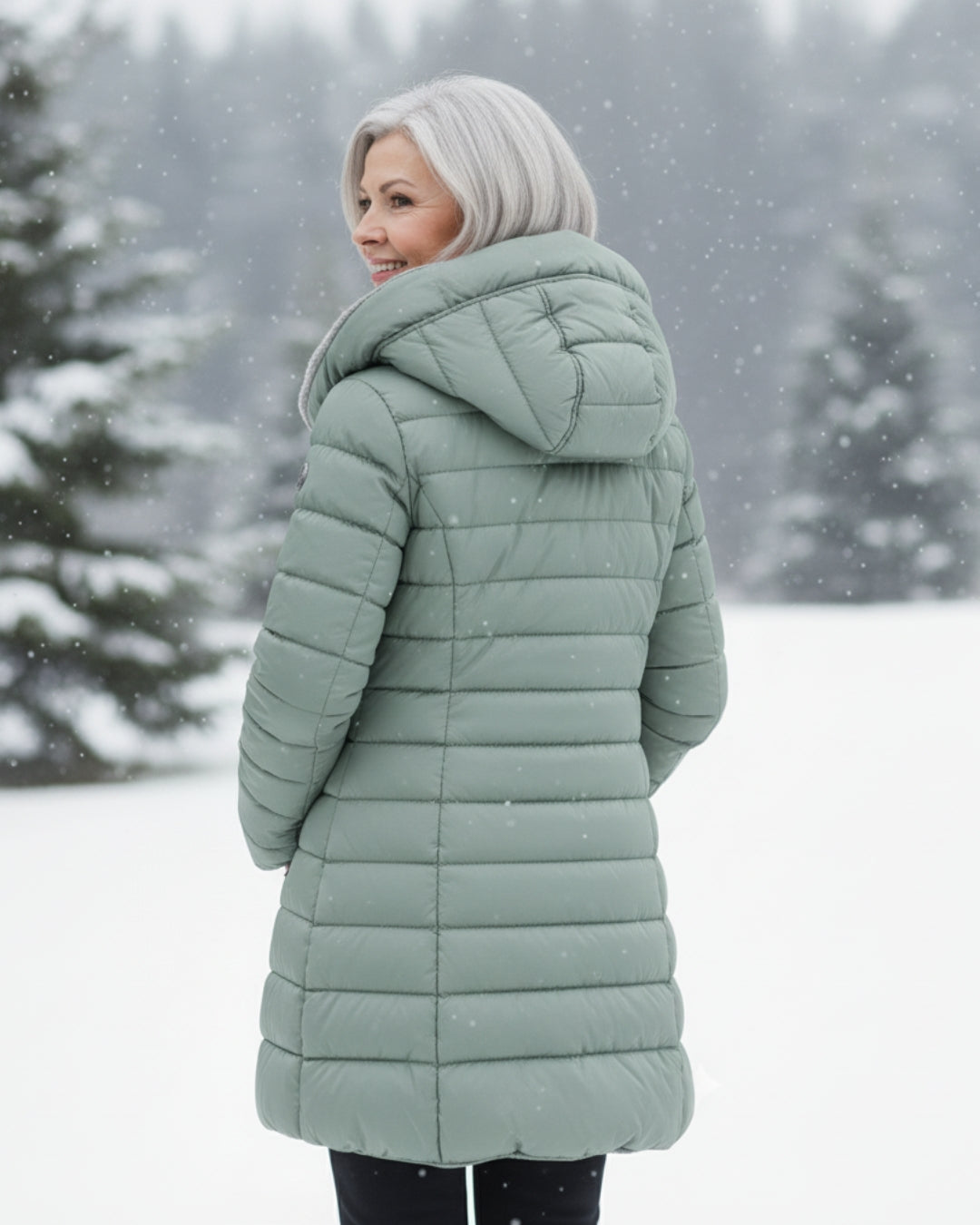 Manteau d'hiver élégant Olivia de Danoir Paris, en vert foncé, avec coupe sophistiquée et détails raffinés.