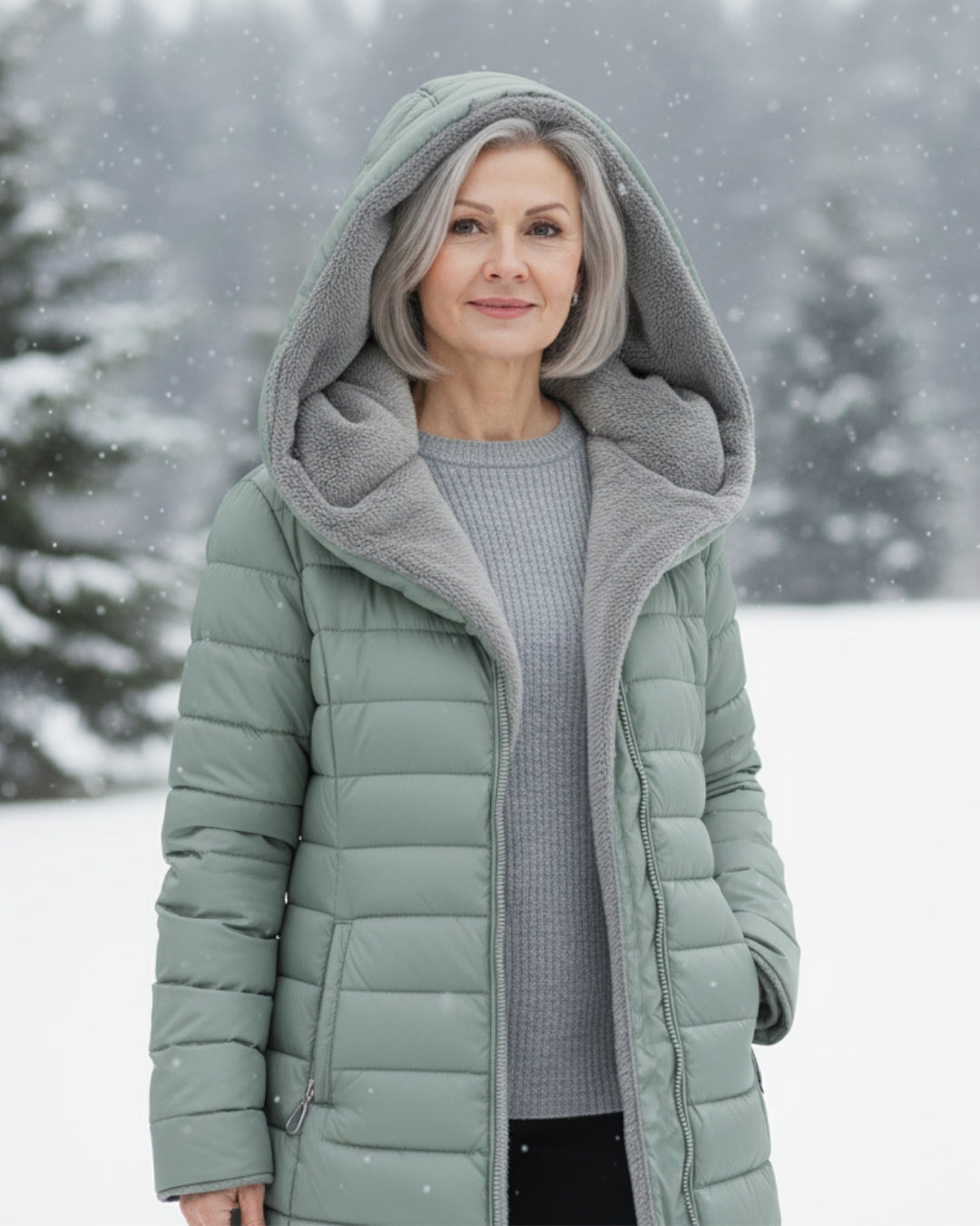 Manteau d'hiver élégant Danoir Paris Olivia, version vert foncé, avec coupe sophistiquée et détails raffinés.
