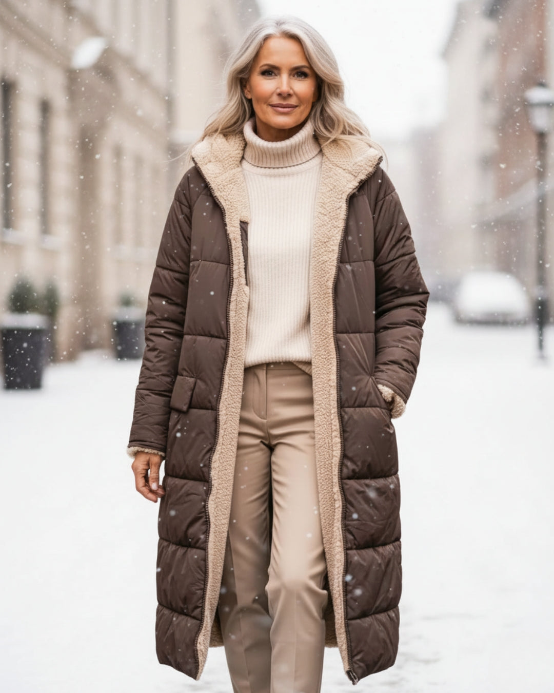 Manteau réversible élégant Danoir Paris Eleanor en vert olive, coupe sophistiquée et détails raffinés visible en image.