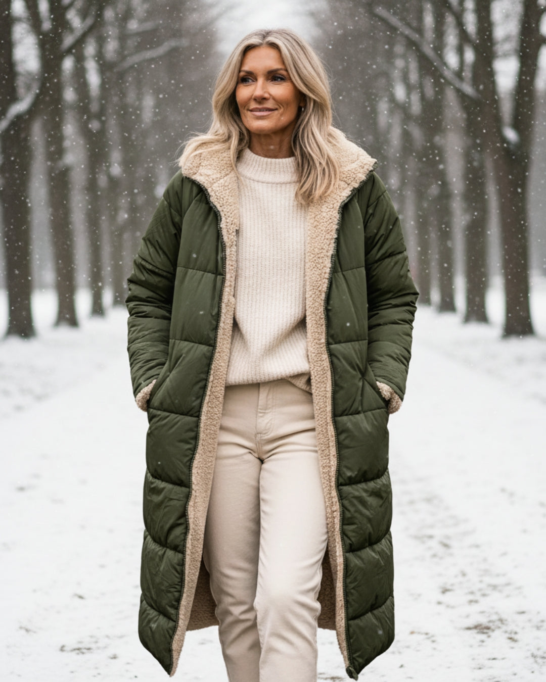 Manteau réversible élégant Danoir Paris Eleanor en vert olive, coupe sophistiquée et détails raffinés pour un style chic.