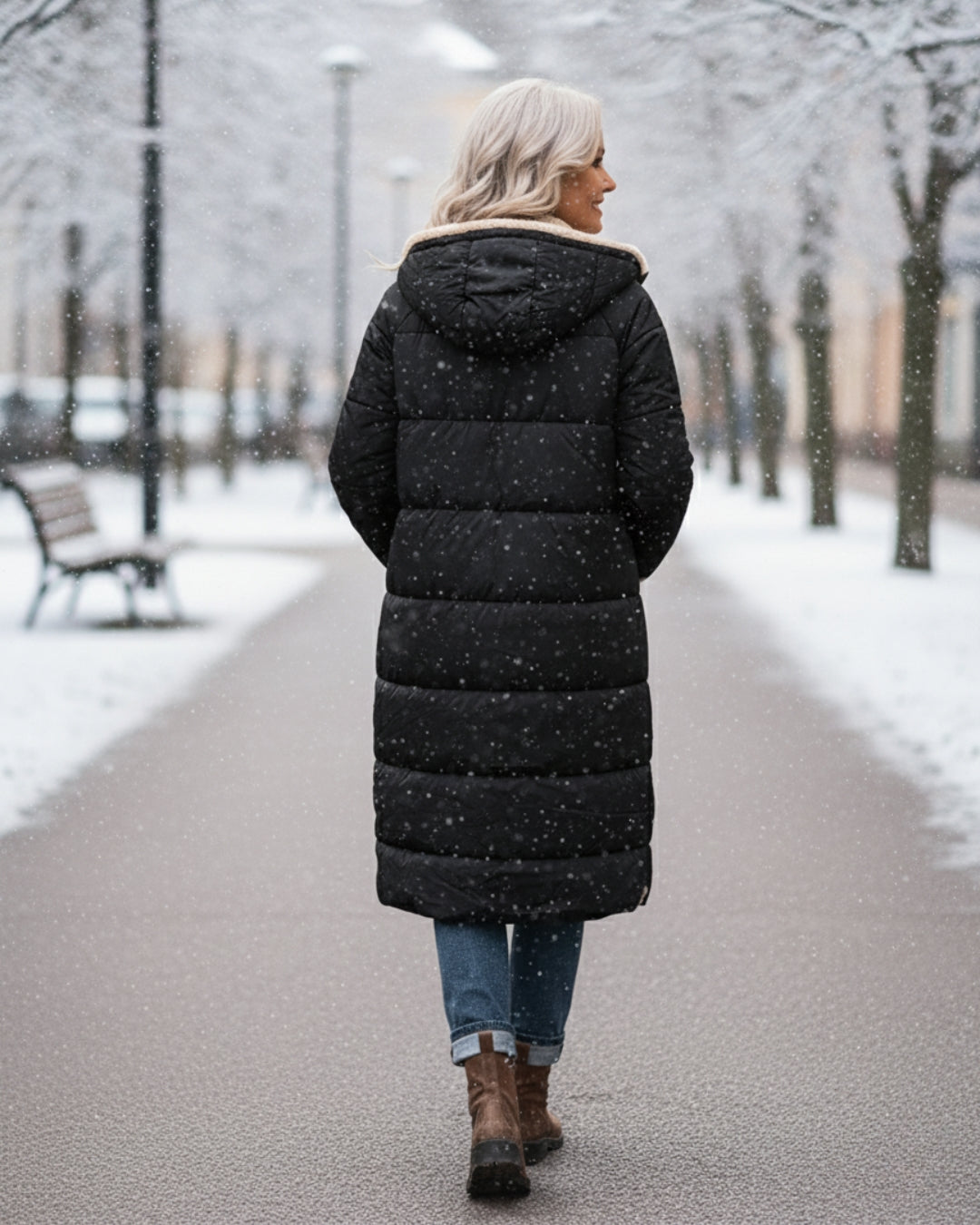 Manteau réversible élégant Danoir Paris Eleanor, coupe droite, en vert olive, porté par un mannequin, détail du tissu intérieur.