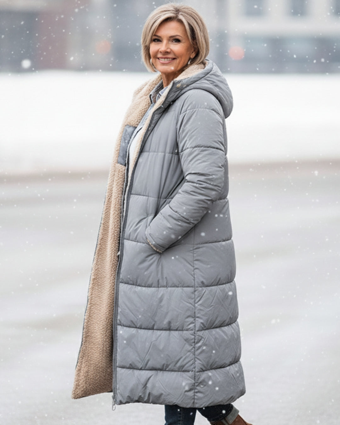 Manteau réversible élégant Danoir Paris Eleanor en vert olive, coupe sophistiquée et détails raffinés.