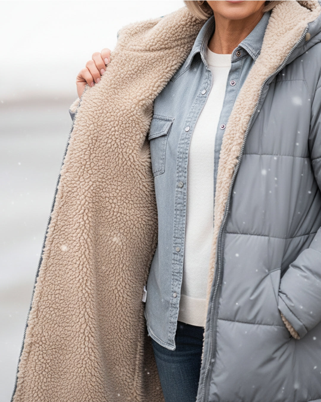 Manteau réversible élégant Danoir Paris Eleanor en vert olive, coupe sophistiquée, porté en version intérieure et extérieure.
