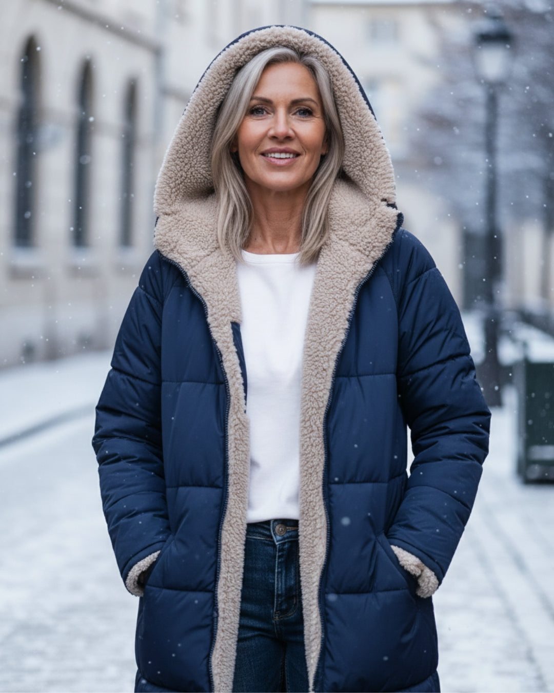 Manteau réversible élégant Danoir Paris Eleanor en vert olive, coupe sophistiquée, pour femmes, détails visibles en image.