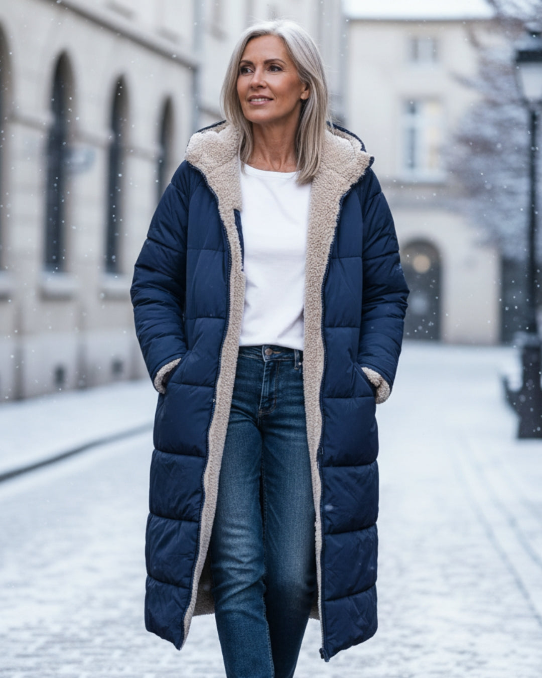 Manteau réversible élégant Eleanor de Danoir Paris en vert olive, coupe sophistiquée, porté sur un mannequin.
