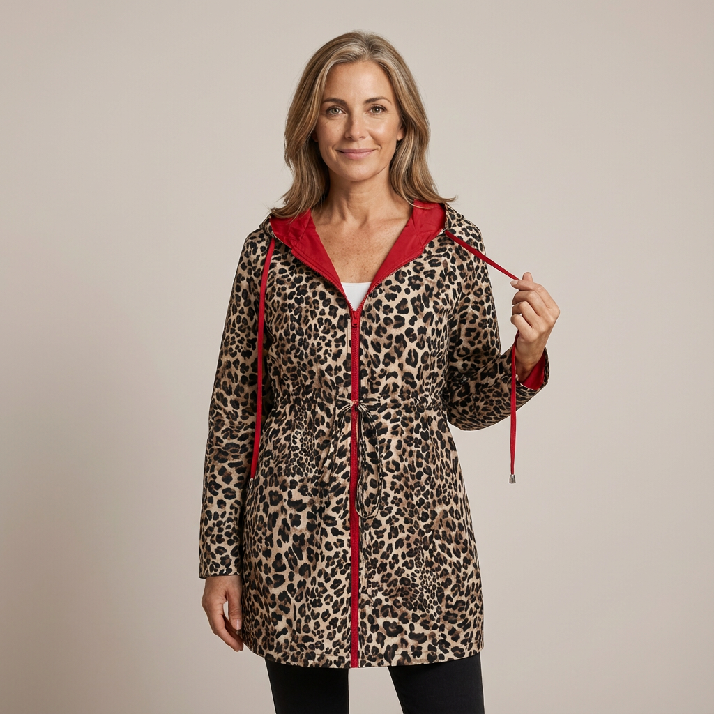 Manteau Léopard élégant Léa de Danoir Paris, coupe sophistiquée, tissu à motif léopard rouge, porté sur un mannequin.