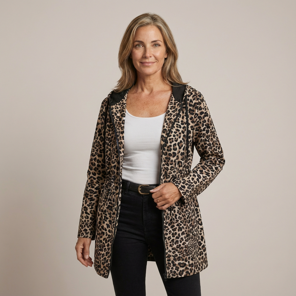 Manteau Léopard élégant Léa de Danoir Paris, coupe sophistiquée en tissu à motif léopard, couleur rouge.