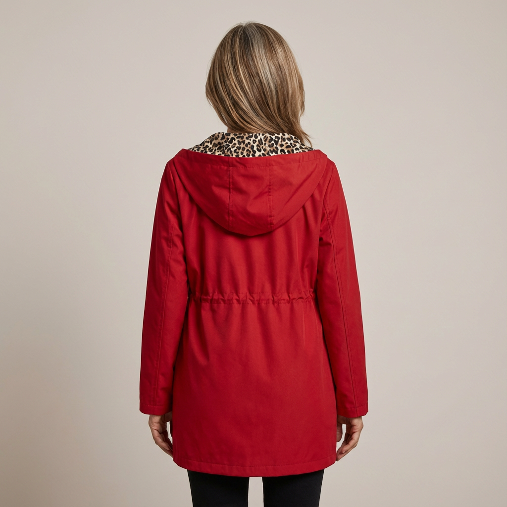 Manteau Léopard élégant Léa de Danoir Paris, coupe moderne avec motif animalier, porté en rouge.