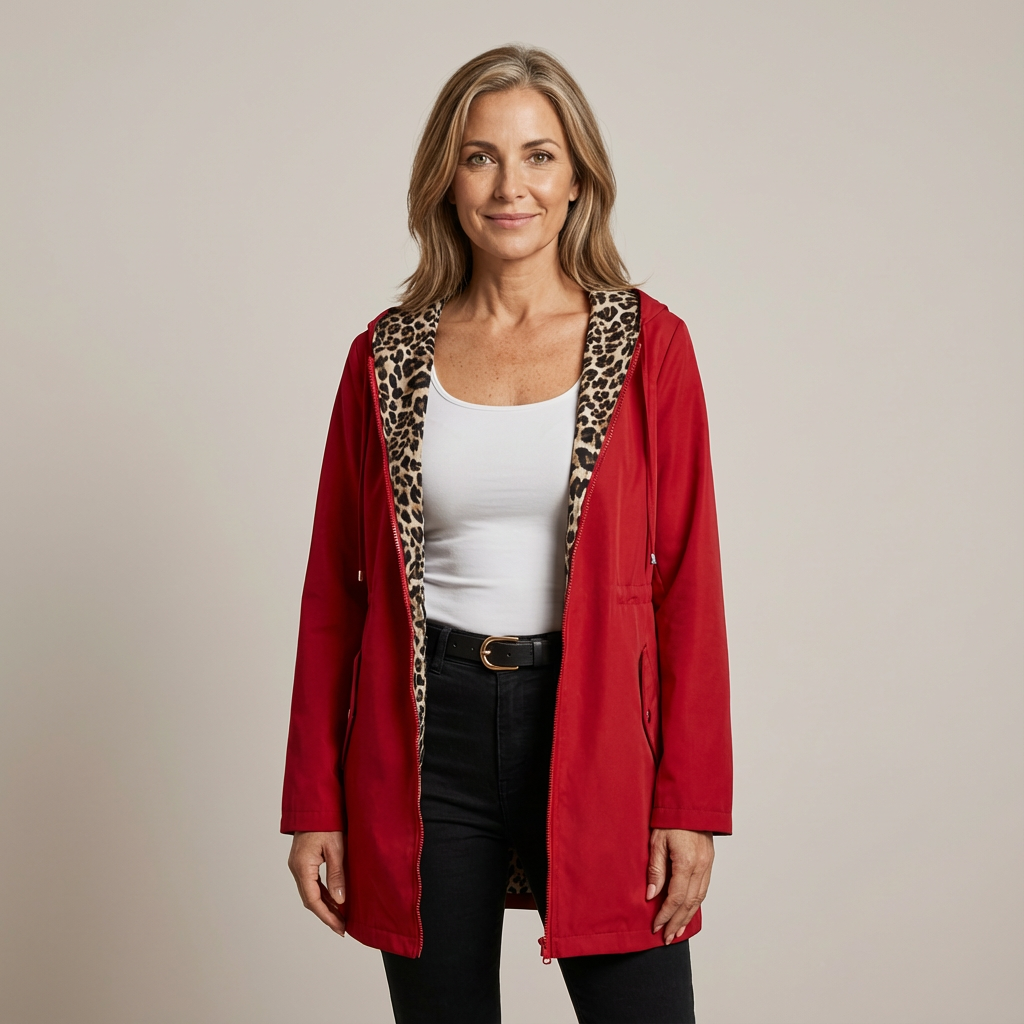 Manteau Léopard élégant Léa de Danoir Paris, coupe chic, motif léopard rouge, tissu sophistiqué, parfait pour l'hiver.