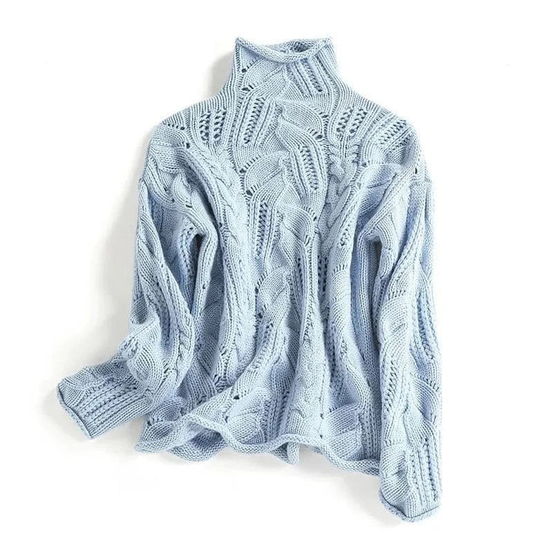 Pull roulé élégant Jennan de Danoir Paris, couleur bleu presque épuisée, taille XS, tissu doux et sophistiqué.