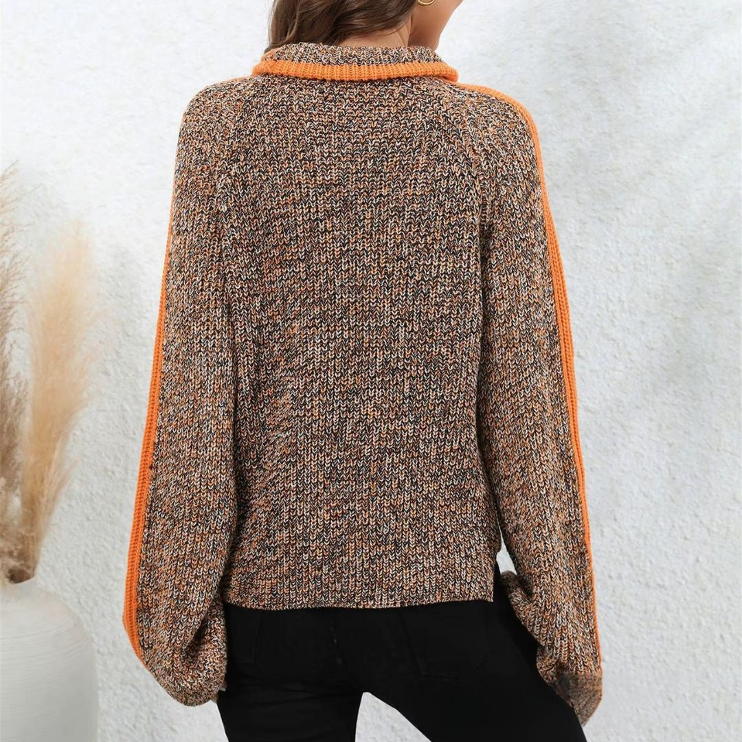 Pull patchwork chic orange Diana de Danoir Paris, style tendance, détail en patchwork sur le devant.