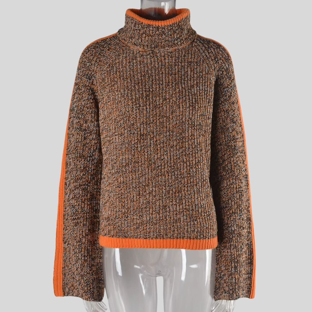 Pull patchwork chic orange Danoir Paris Diana FR1408, veste femme décontractée avec motifs colorés et design tendance.