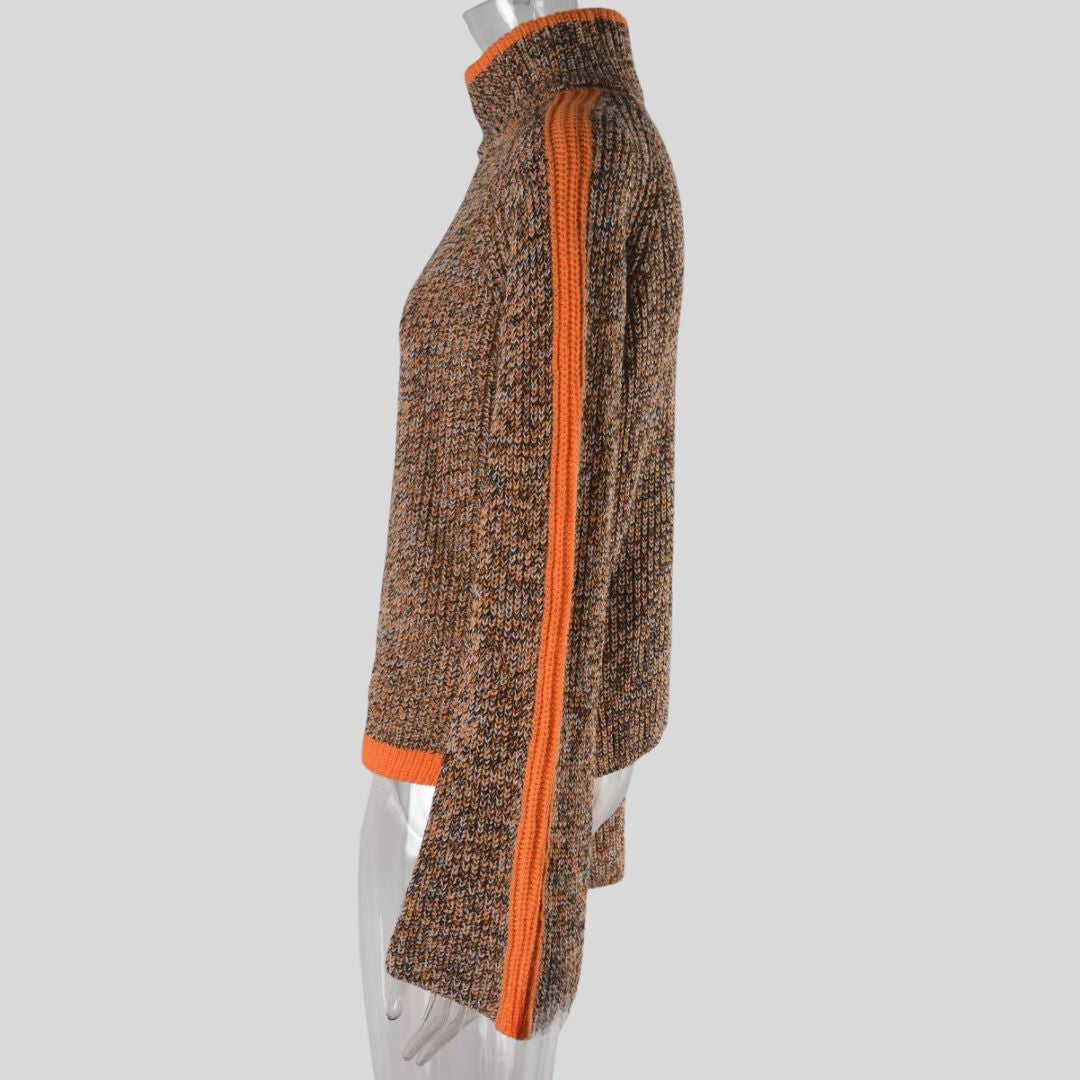 Pull patchwork chic Danoir Paris Diana en orange, mode élégante avec détails tendance, vue de face.