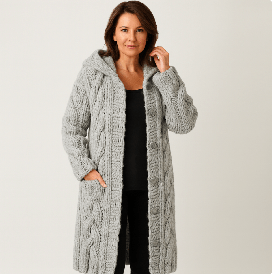 Manteau tricoté élégant Marylin de Danoir Paris en bleu, vue de face, détails du tissu et coupe sophistiquée.