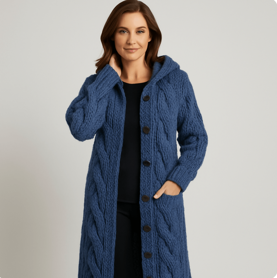 Manteau tricoté élégant Marylin de Danoir Paris en bleu, vue de face, tissu fin et style sophistiqué.