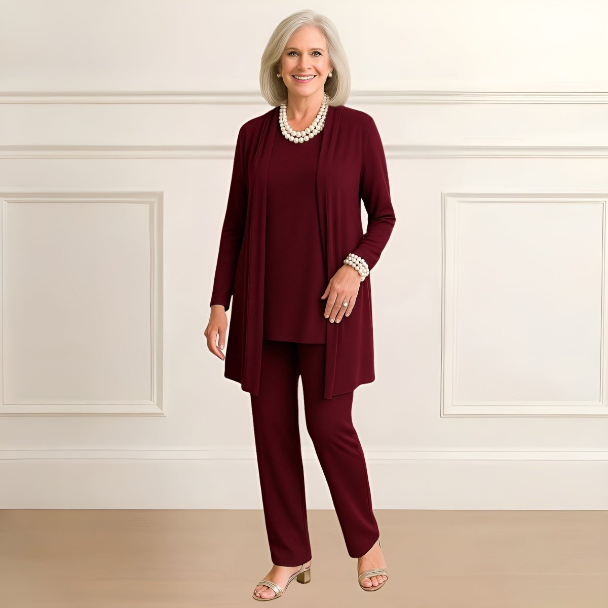 Ensemble élégant 3 pièces Rosy Danoir Paris en marron taupe, vêtements sophistiqués pour femmes.