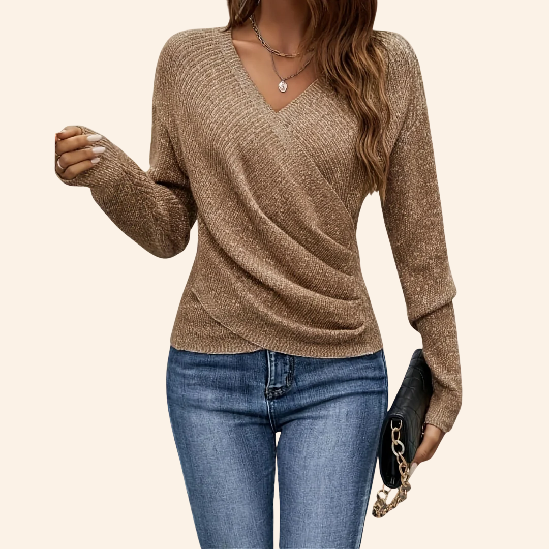 Haut enveloppant élégant Jasmijn de Danoir Paris, beige, taille S, avec détails sophistiqués et coupe flatteuse.