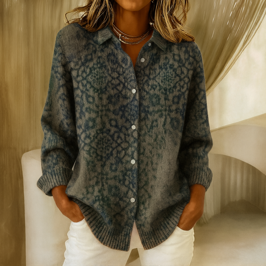 Cardigan long élégant Elisa de Danoir Paris en beige marron avec motif floral, idéal pour un style sophistiqué.