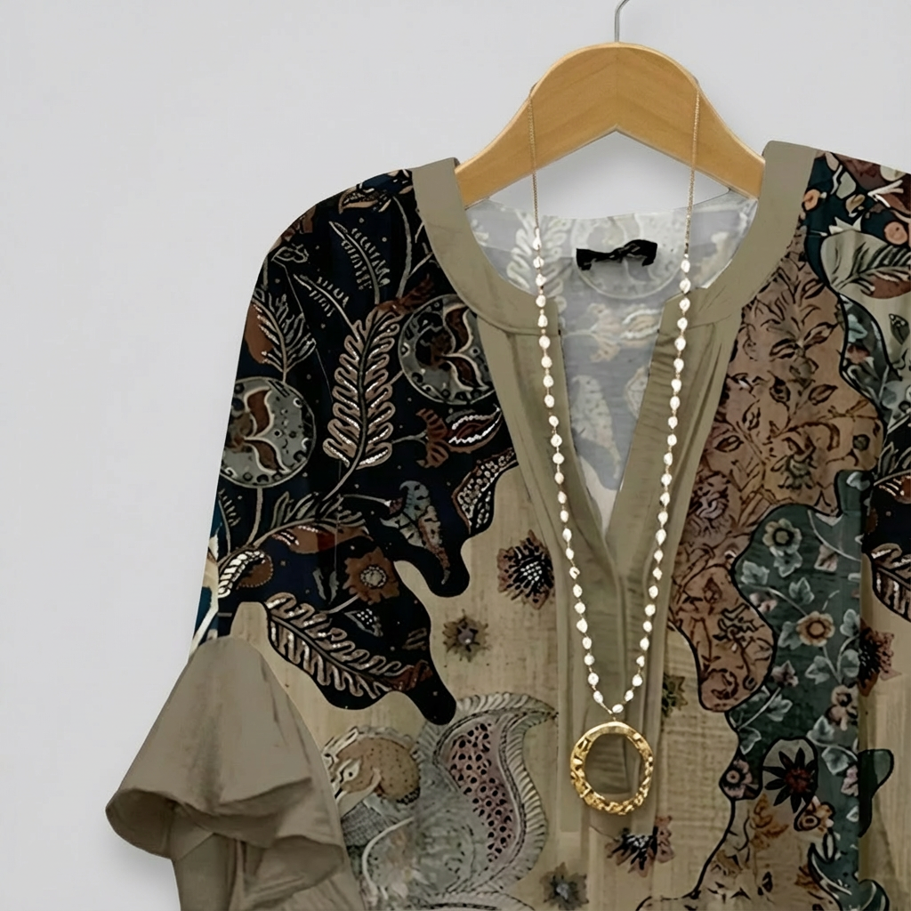 Blouse ample et féminine Iris de la marque Danoir Paris, en tissu léger avec détails élégants, portée sur un mannequin.