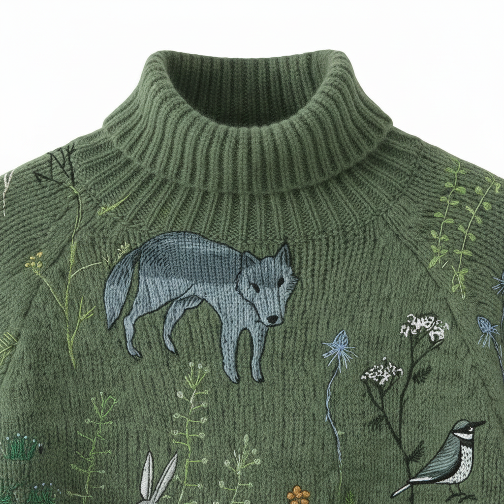 Pull doux décontracté Donna de Danoir Paris en vert, vue en gros plan sur la texture et le col du vêtement.