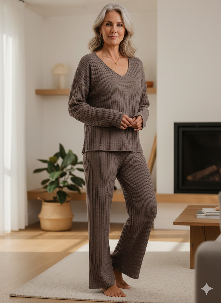 Ensemble de détente élégant Danoir Paris Elin en beige, composé d'un haut et d'un pantalon confortables.