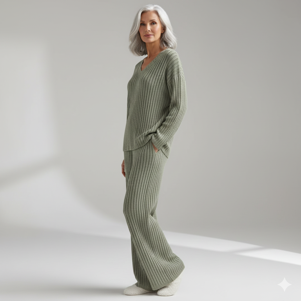 Ensemble de détente élégant Danoir Paris Elin en beige, vêtements confortables pour relaxation et style sophistiqué.