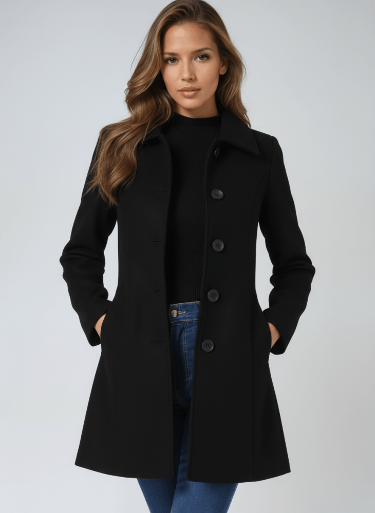 Manteau hivernal gris Danoir Paris Helena FR1450 en laine élégante, coupe ajustée, porté sur mannequin.