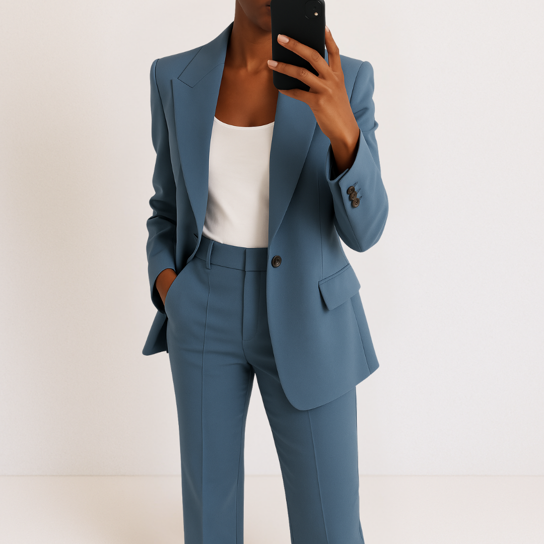 Costume polyvalent Melanie de Danoir Paris en tissu bleu, style élégant avec détails sophistiqués, taille S.