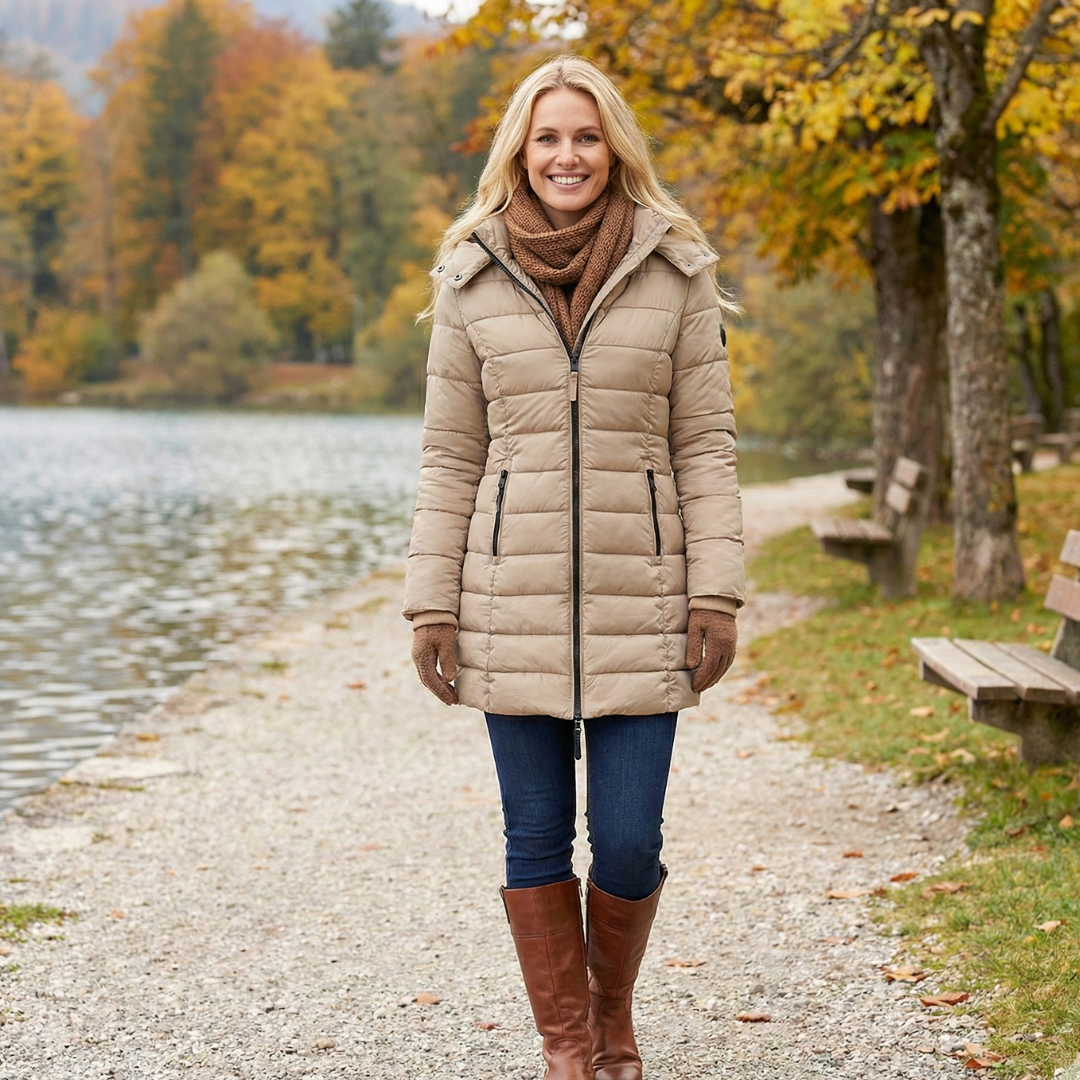 Veste d'hiver confortable Jenna de Danoir Paris en bleu, coupe ajustée, idéale pour le froid, avec détails de finition élégants.