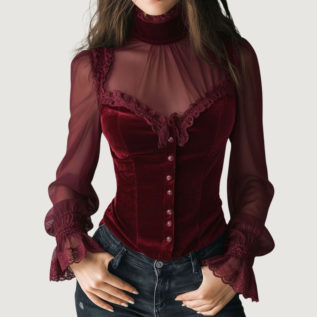 Blouse élégante en dentelle noire Elvira de Danoir Paris, taille XS, avec détails raffinés et motif en dentelle fine.