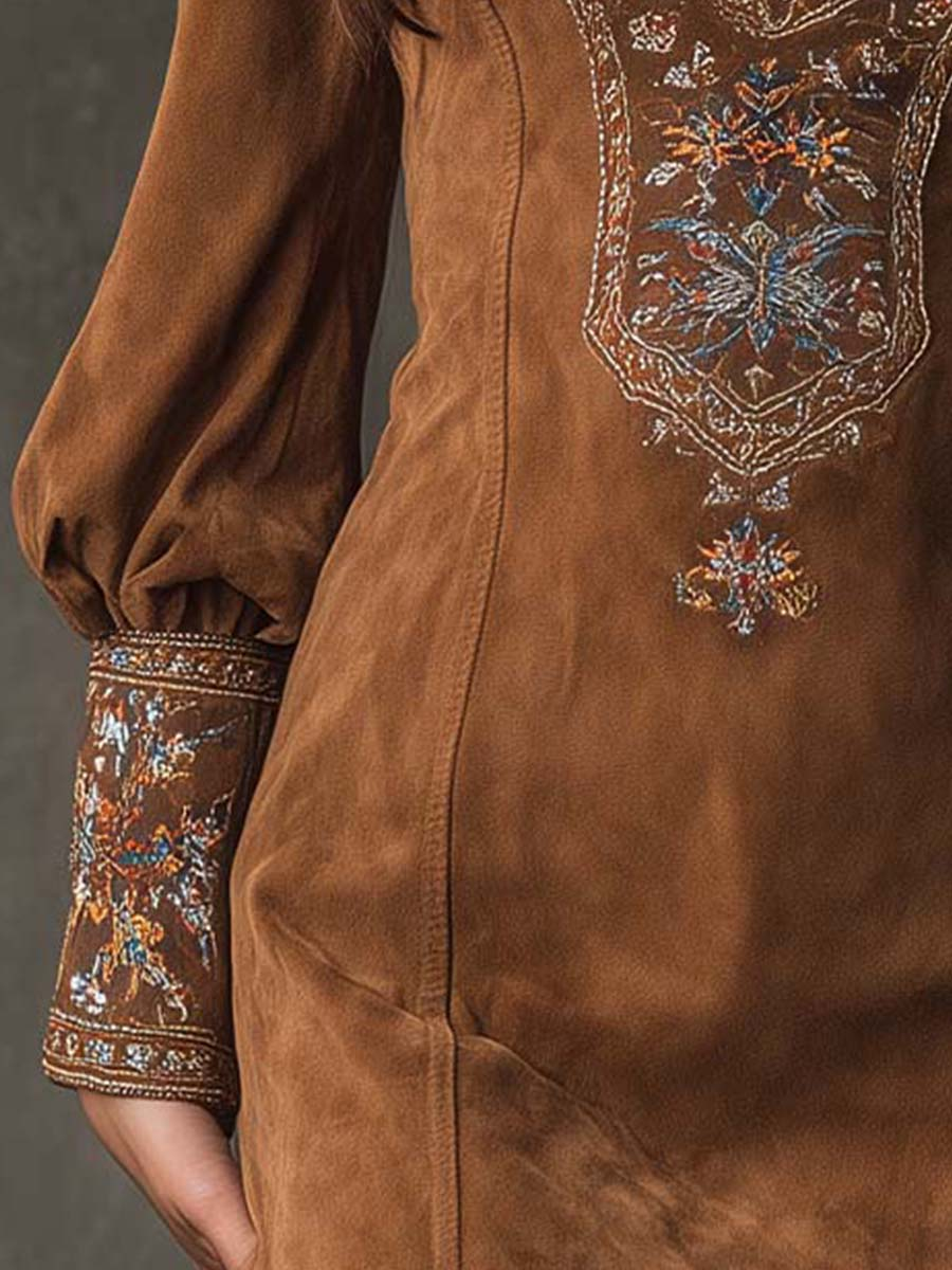 Robe courte vintage marron Lunori par Danoir Paris, style élégant, tissu léger, en taille XS ou L, vue de face.