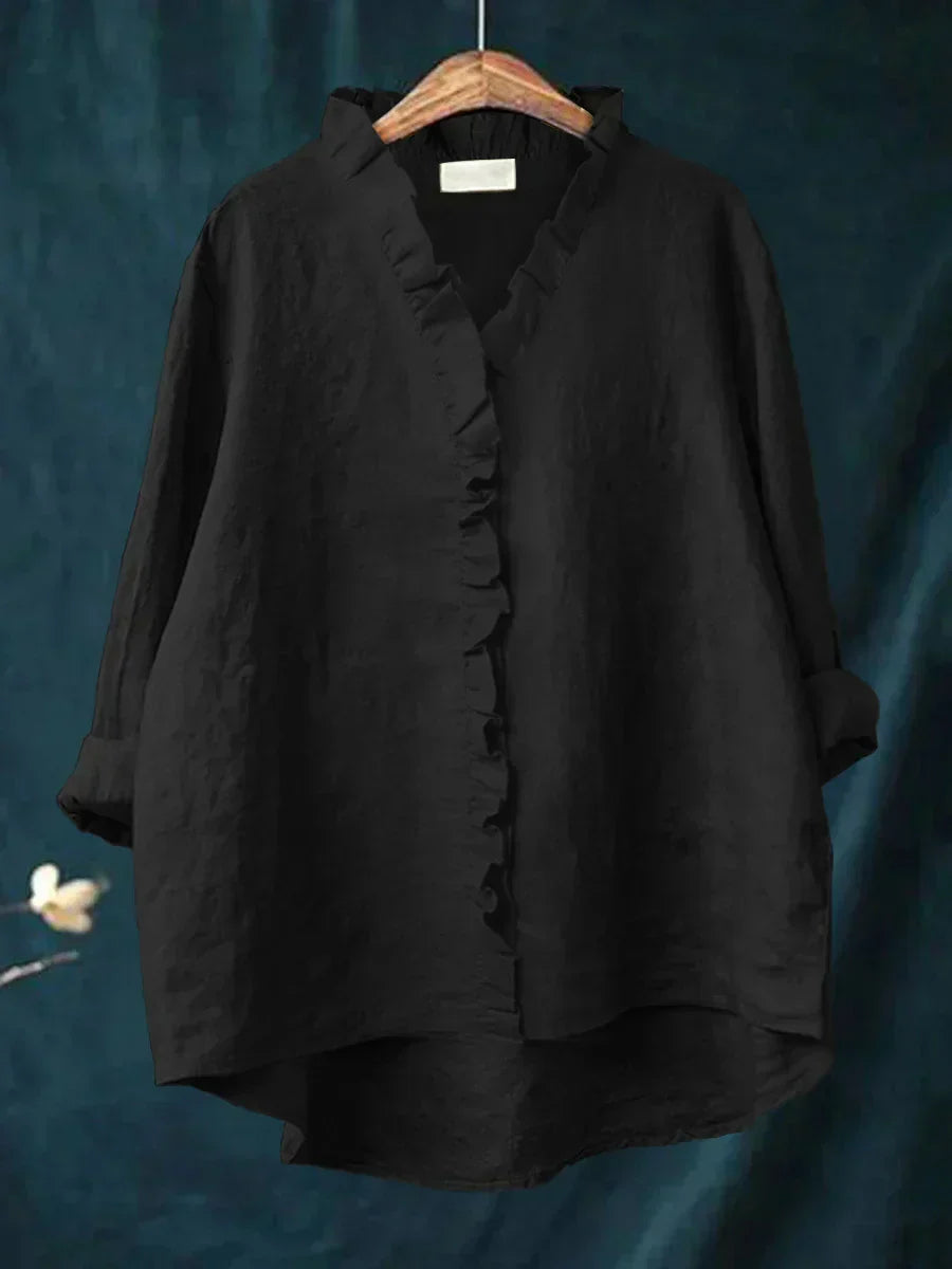 Blouse légère rouge Lily avec volants de Danoir Paris, manches longues et coupe fluide, élégante et féminine.