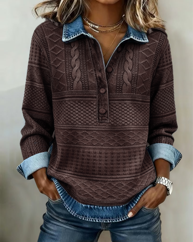 Pull décontracté en denim Sofia de Danoir Paris, veste bleue légère avec col et manches longues.