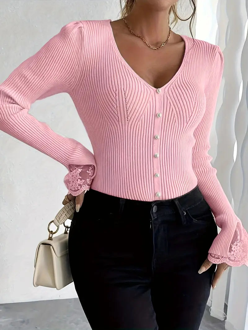 Pull chic en dentelle rose Elena de Danoir Paris, vêtement élégant avec détails en dentelle, taille XS.