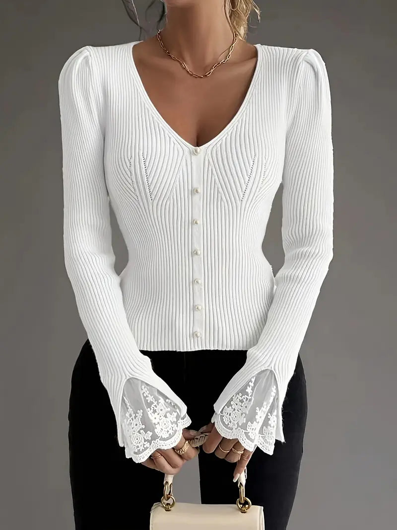 Pull chic en dentelle Elena de Danoir Paris, en rose, taille XS, avec détails élégants en dentelle visible sur l'image.