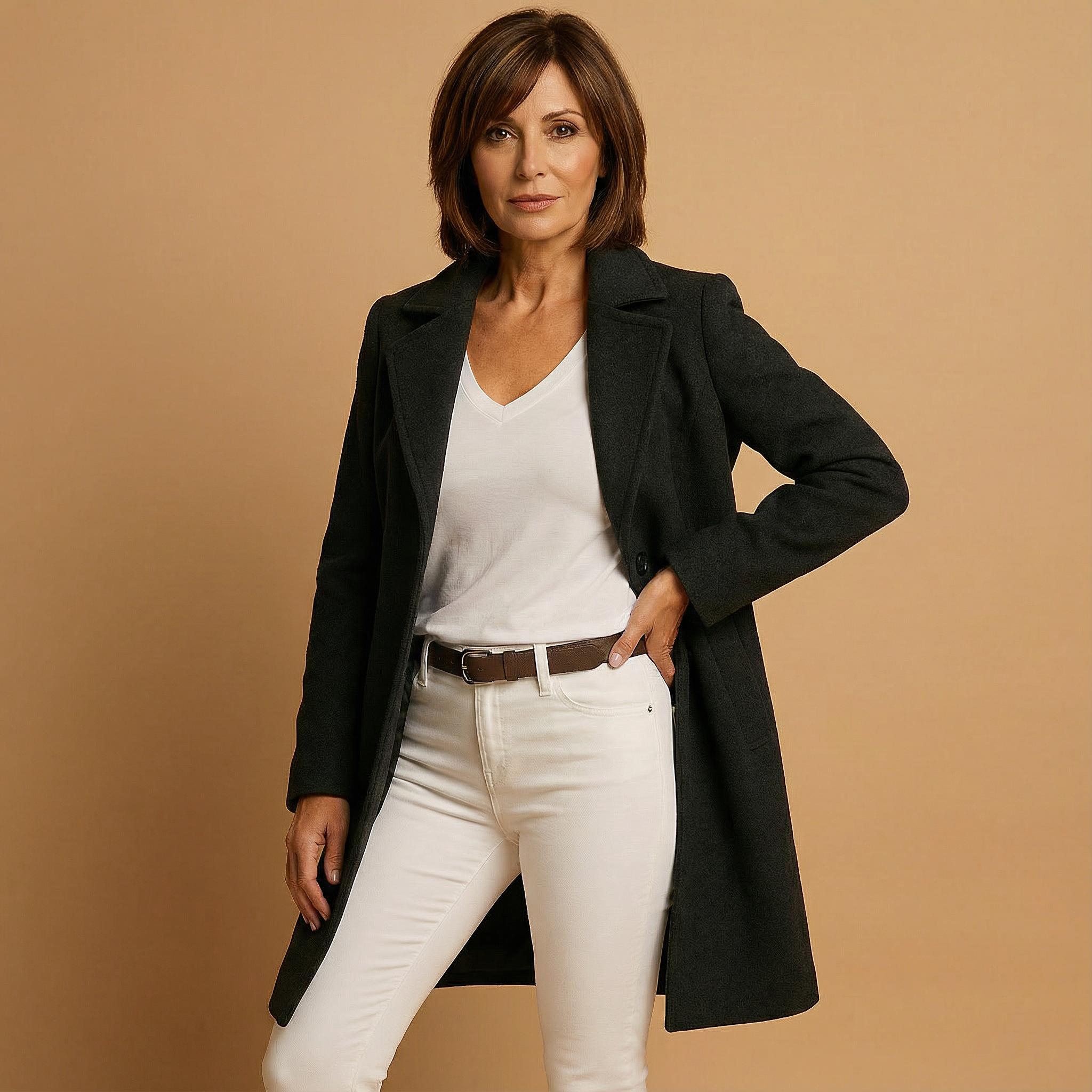Manteau classique élégant Danoir Paris Lunori, coupe camel, taille S, en tissu chaud et sophistiqué, vue de face.