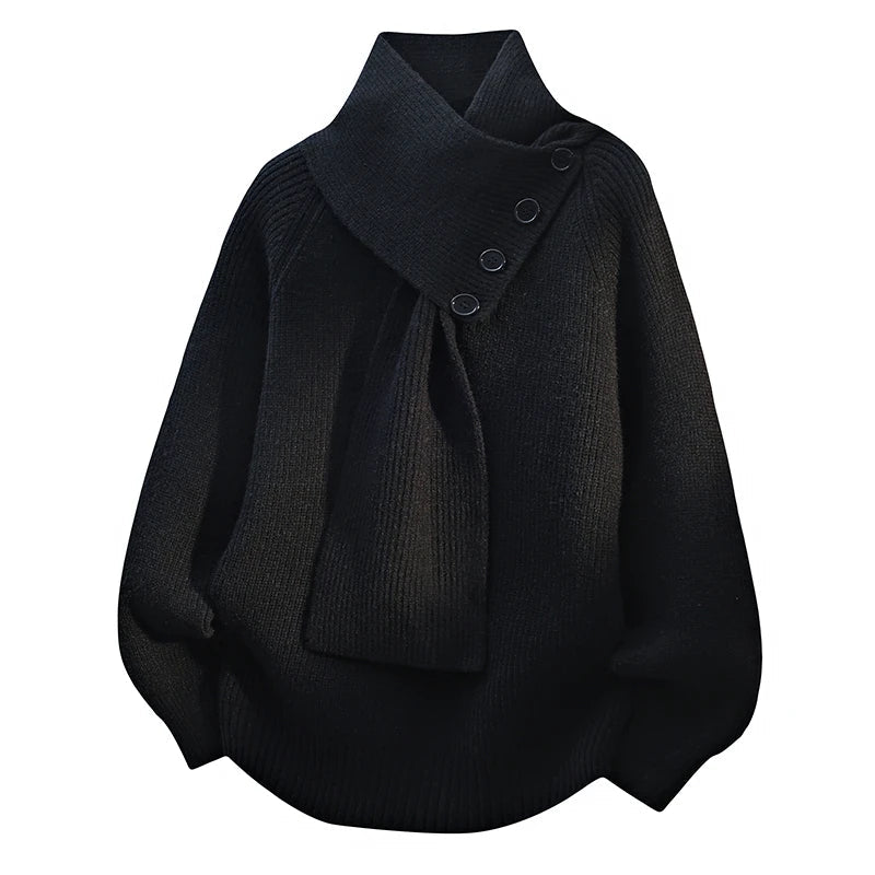 Pull élégant Arielle de Danoir Paris avec écharpe blanche, style sophistiqué et confortable, pour un look chic et moderne.