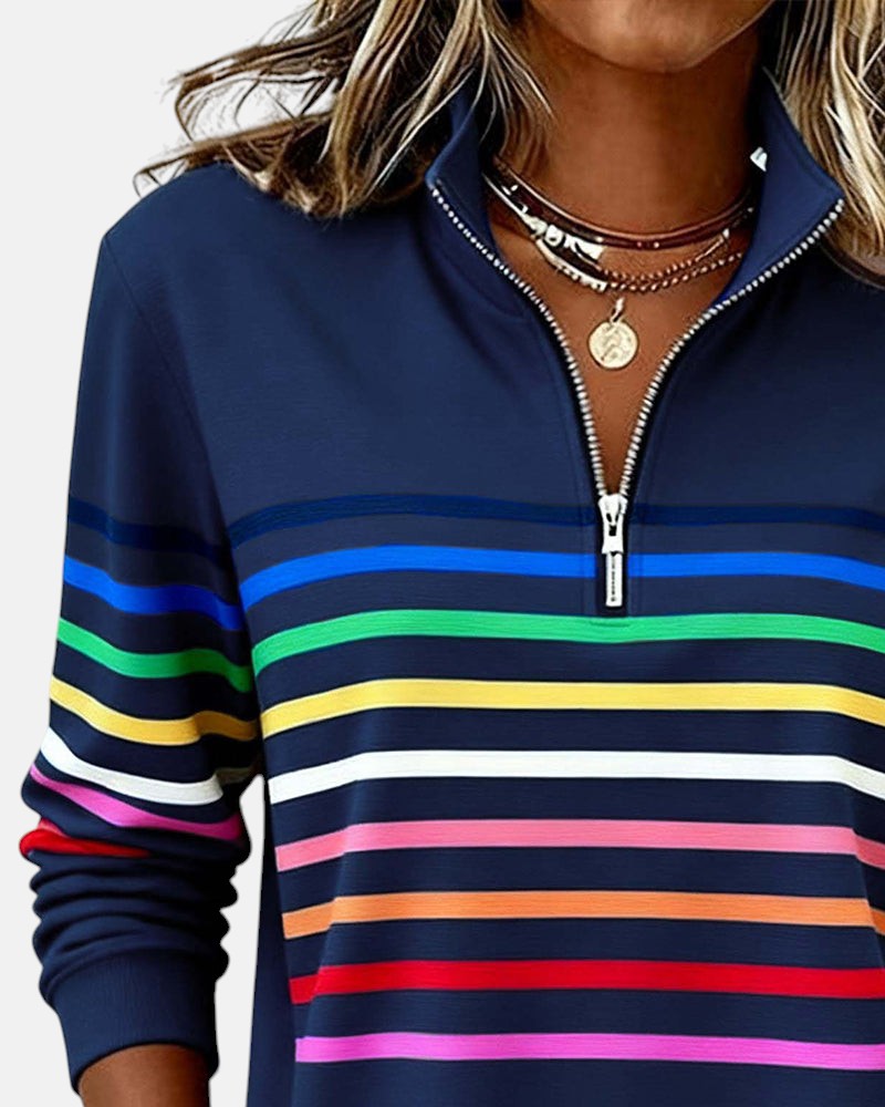 Pull Nina Danoir Paris à rayures gris, confort élégant, en maille douce, pour femme.