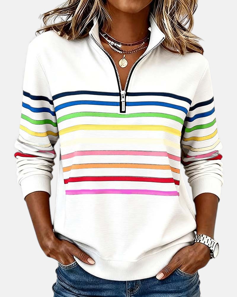 Pull Nina Danoir Paris à rayures gris, vêtement confortable pour femmes, avec un design élégant et moderne.