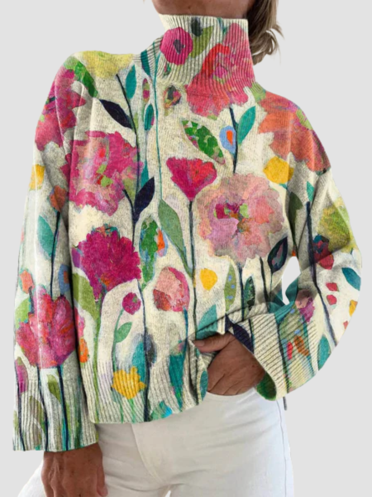 Pull vintage Danoir Paris Eliza en crème avec motif floral, confortable et tendance, idéal pour un style décontracté.