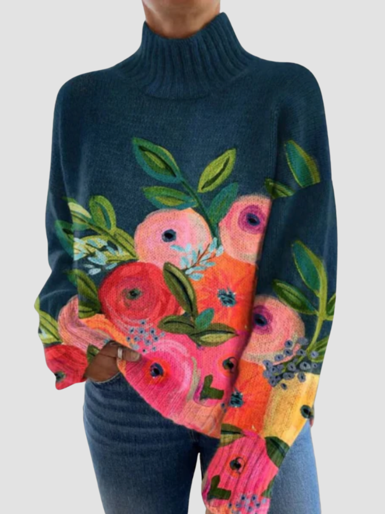 Pull vintage Danoir Paris Eliza en crème avec motif floral, confort optimal, col rond et manches longues.