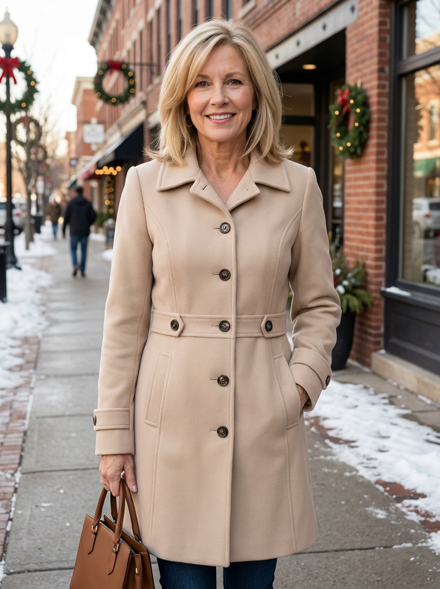 Manteau élégant et confortable Élise de Danoir Paris en beige, fabriqué en tissu doux, porté pour un look chic et cosy.